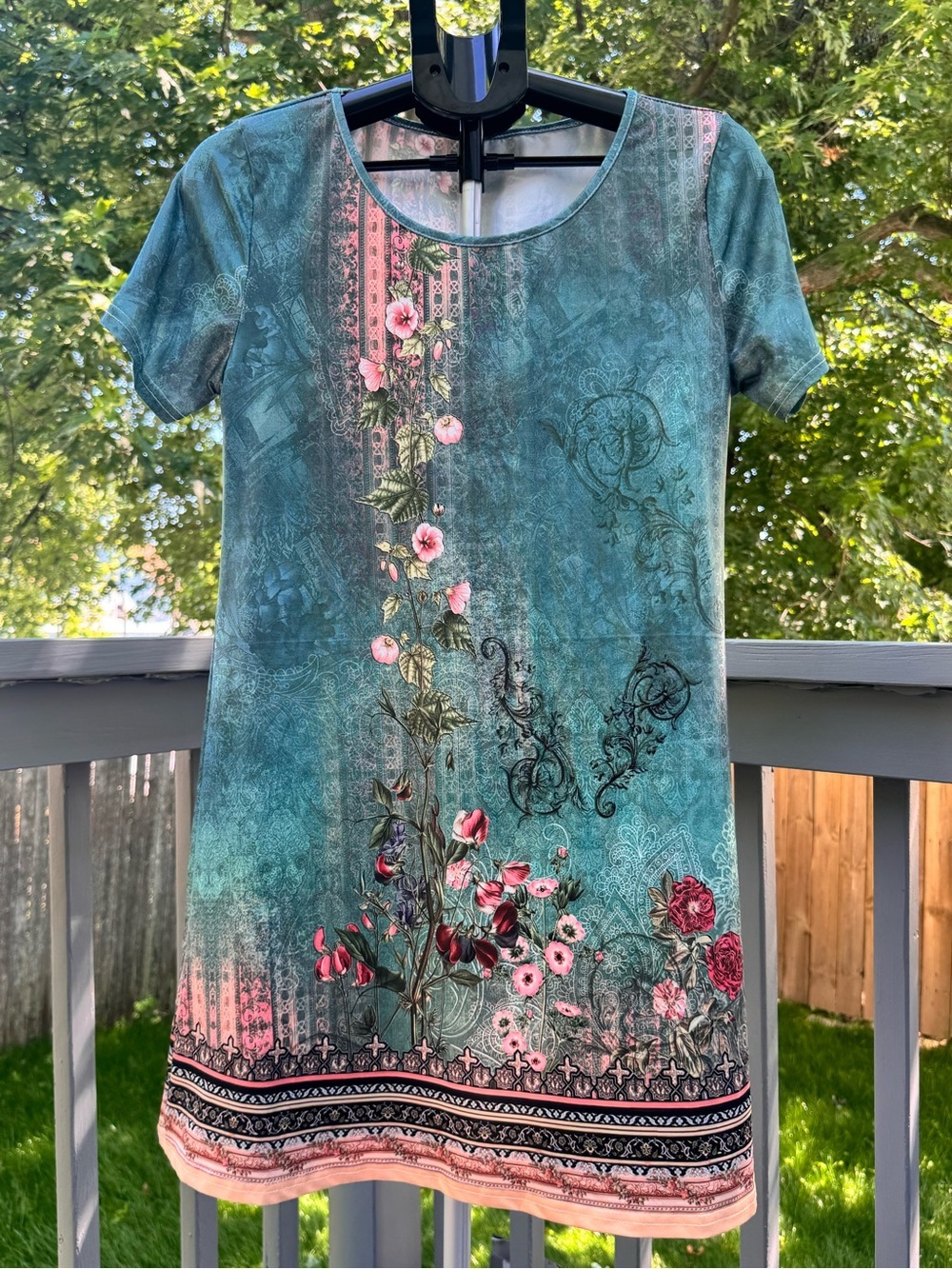 Boho Floral Print Shift Dress Teal Pink Short Sleeve Casual SZ M